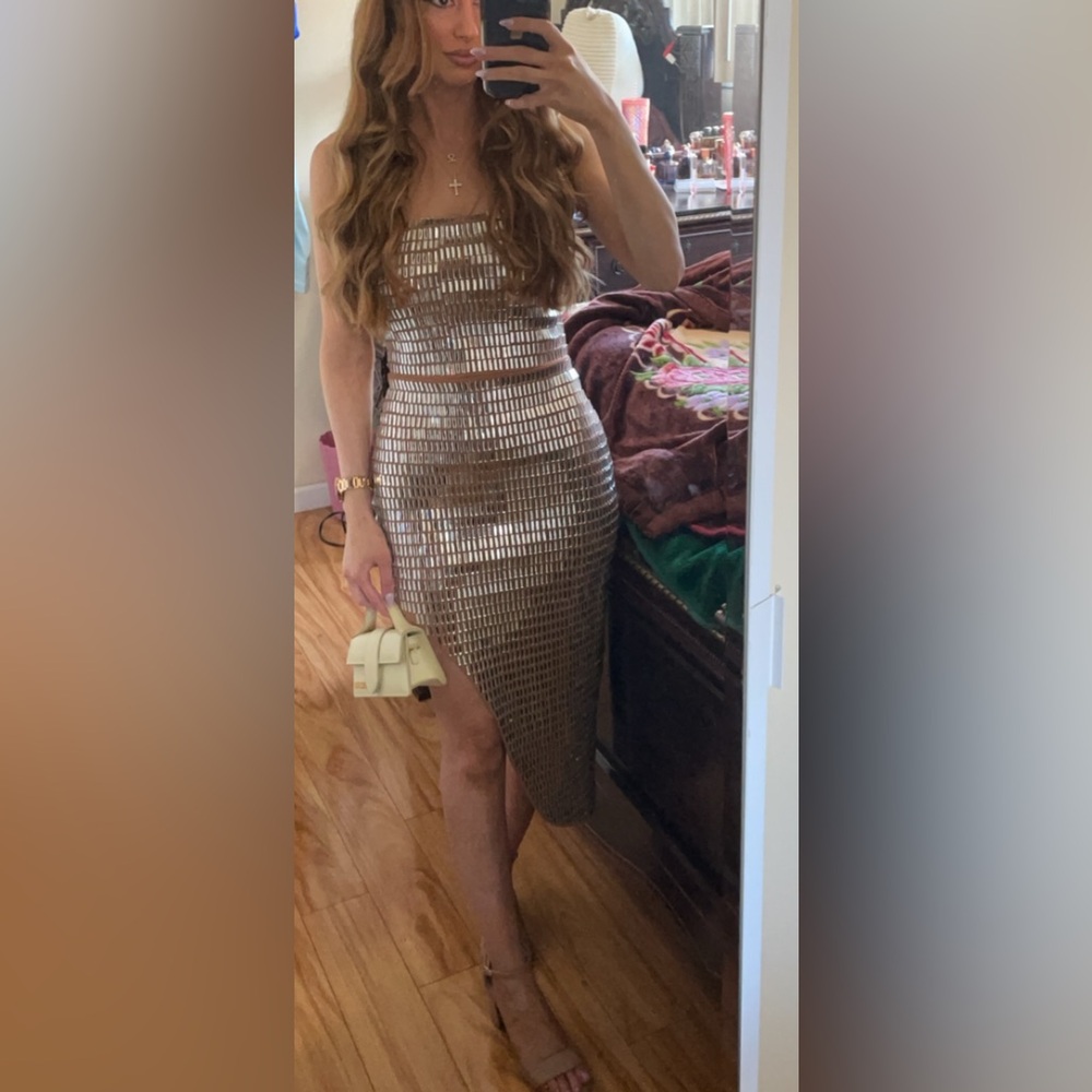 Fashion Nova Kelly Embellished Midi Dress - Nude/Combo Size Small